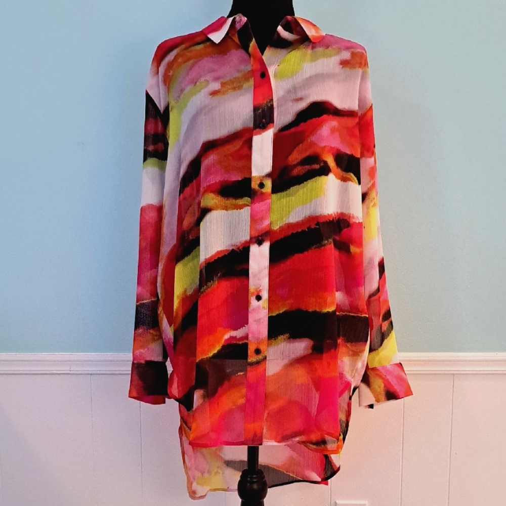 DKNY Colorful Abstract Reds, Limes, Semi-sheer Blouse/Tunic,  Size M